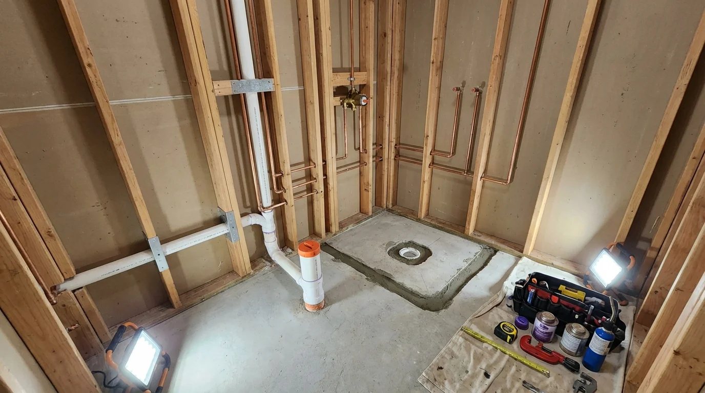 Bathroom rough-in plumbing during remodel by Johns Plumbing LLC in Exeter