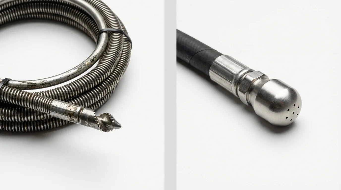 Drain snake cable and hydro jetting nozzle used for drain cleaning in Exeter, CA