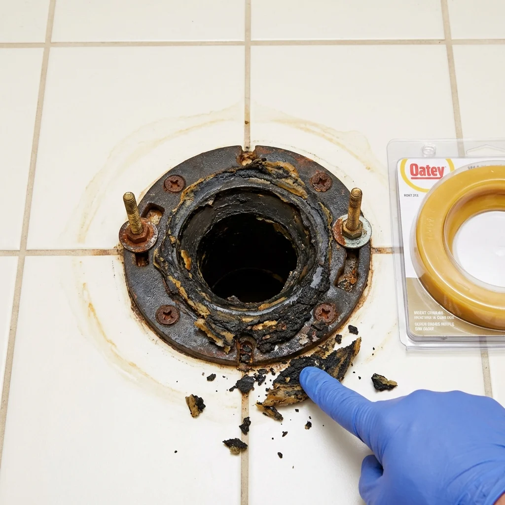 Failed wax ring showing water seepage at the base of a toilet in a Exeter, CA home