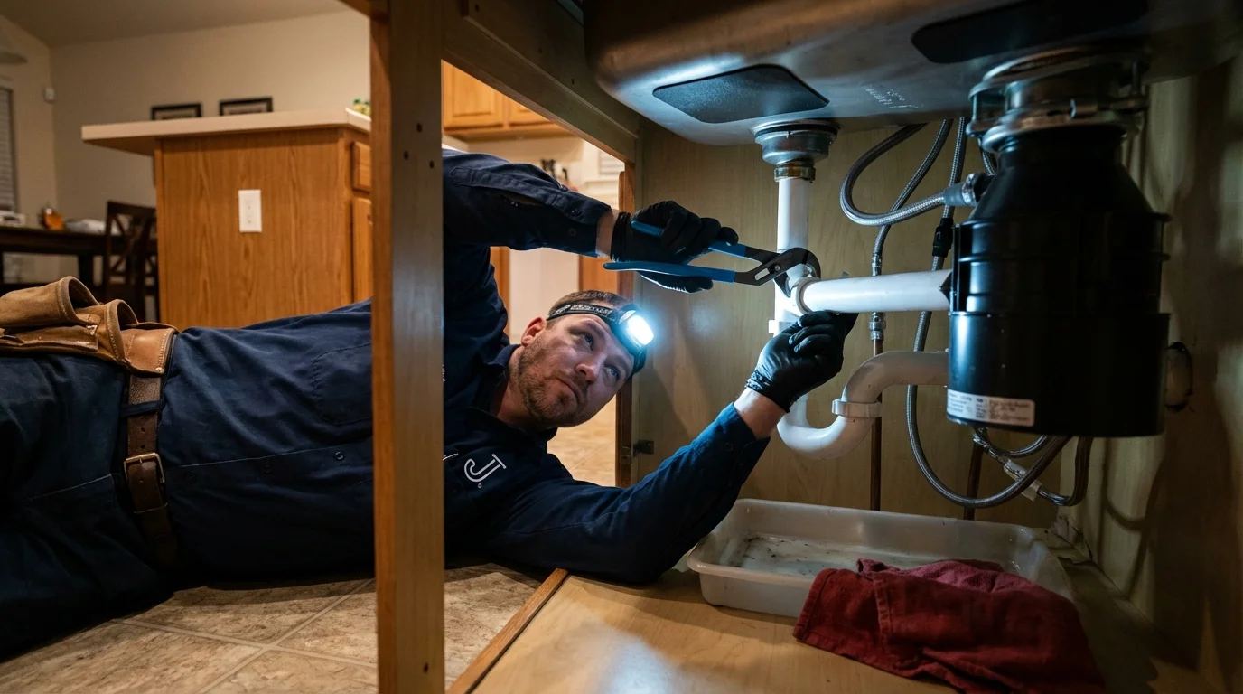 P-trap and supply line connections under a kitchen sink showing a common leak point in Exeter, CA